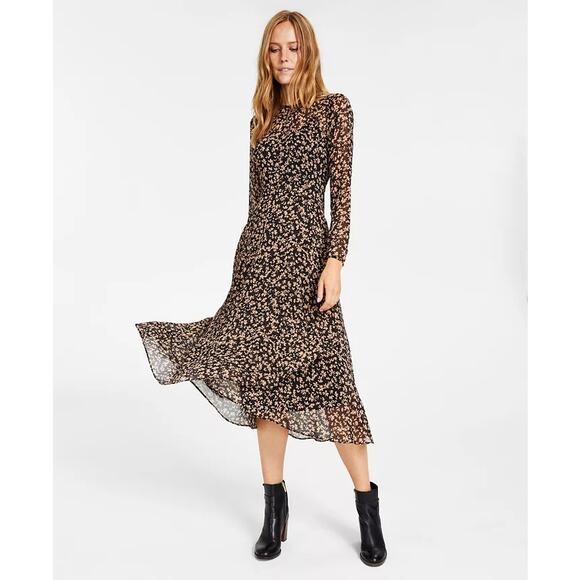 Tommy Hilfiger Crossover-Hem Calf Midi Dress Long Sleeve Floral Black Size 4 NWT - Picture 1 of 12